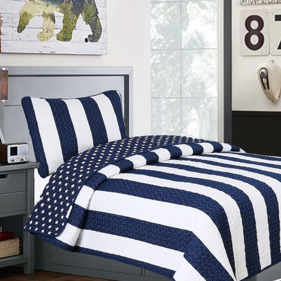 Cozy Line Home Fashions Sailor Popeye 's Bedding Quilt Set, Nautical Navy Blue White Star Striped Pattern Printed 100% Cotton Reversible Coverlet Bedspread for Kids Boy(Sailor Star, Twin - 2 Piece)