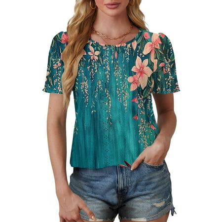 Patlollav Womens Tops Petal Short Sleeve Summer Casual Crew Neck Shirts Floral Blouse Pleated Tunics