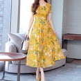 thumbnail image 3 of Liquidation! Hontri Robe Femme Mode Été Grâce Mi-Mollet Manches Courtes Plage Imprimée Robe Décontractée pour Femme Jaune P, 3 of 8