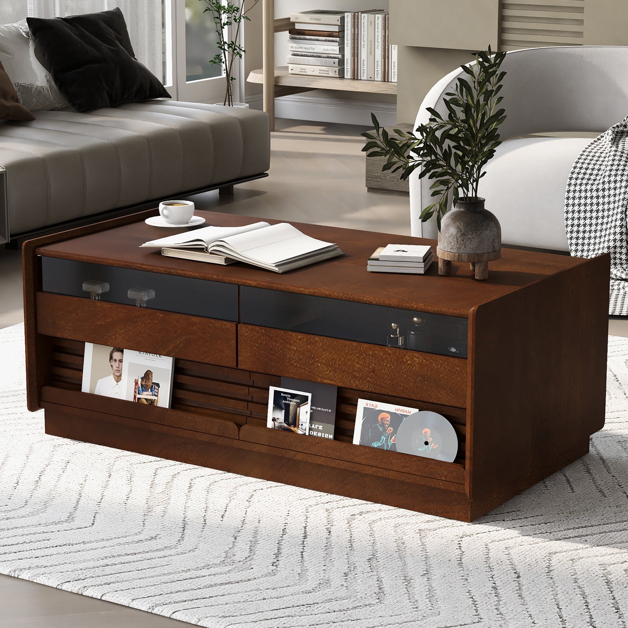 Euroco Vintage-Style Coffee Table with 4 Drawers and Open Shelves, Tempered Glass Drawer Fronts, MDF Wood Frame – Modern Living Room Storage Table, Easy Assembly