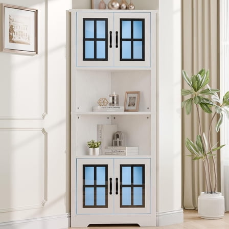 Corner Cabinet, 67" Tall Storage Cabinet with LED Lights and Glass Doors, Corner Cabinet for Living Room, Bathroom, Kitchen, White