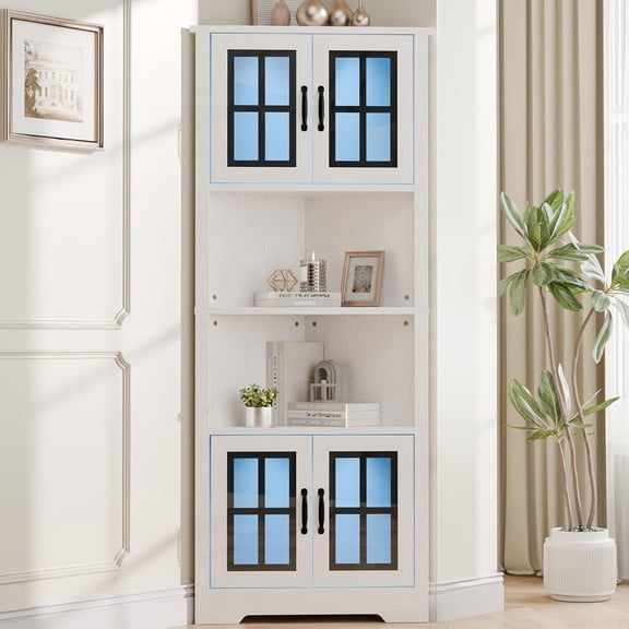 Corner Cabinet, 67" Tall Storage Cabinet with LED Lights and Glass Doors, Corner Cabinet for Living Room, Bathroom, Kitchen, White
