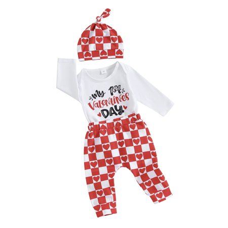 

Canis Infant Boys White Long Sleeve Letter Print Romper Red Pants Hat Sets