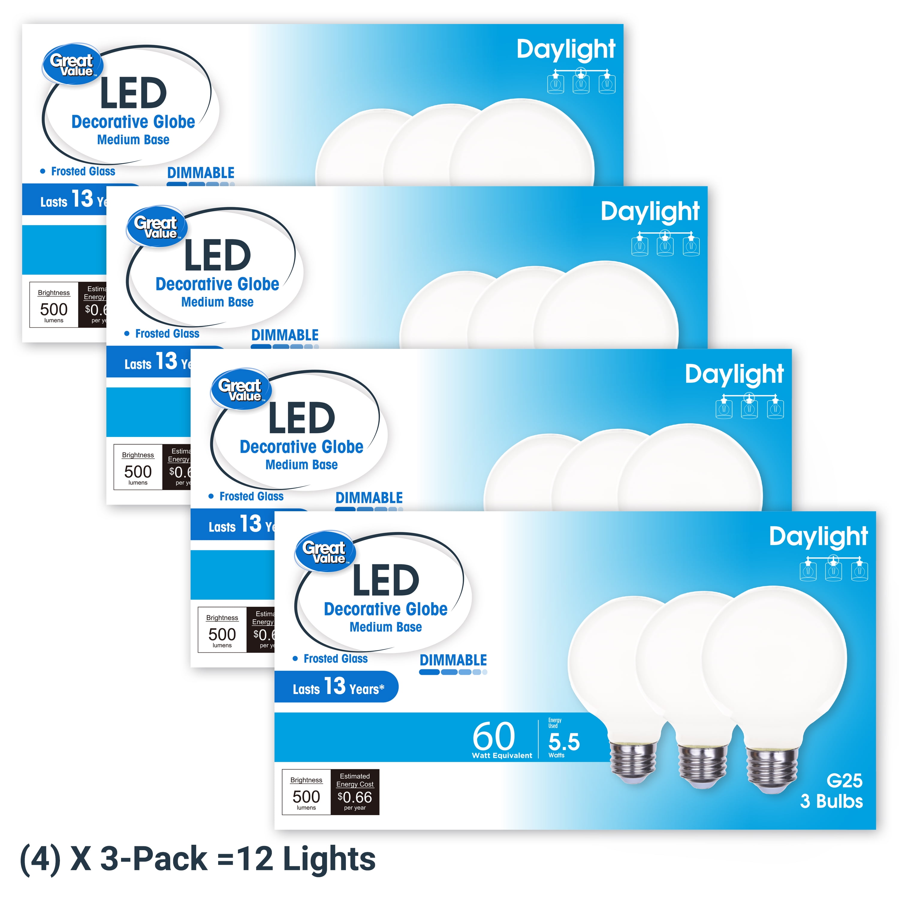 Great Value LED Bulb, 5.5-Watt (60W Equivalent) Day Light G25 Dimmable Deco Bulbs E26 Base, 12PK