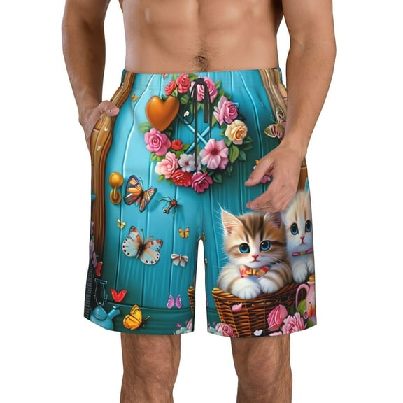 Tebeau Whimsical Cats and Flowers Scene Print Men's Summer Beach Shorts Lightweight Elastic Waist Drawstring Casual Shorts with Pocket-Small