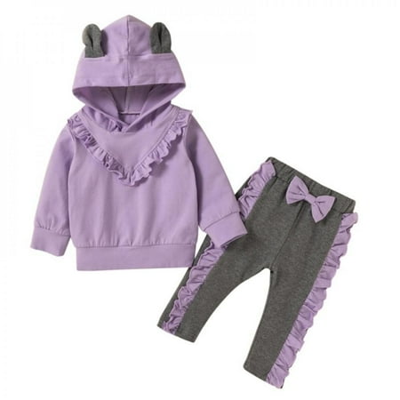 

Clearance Autumn Baby Girls Clothing Set Fashion Stitching Hooded Sweater + Trousers 0-24M
