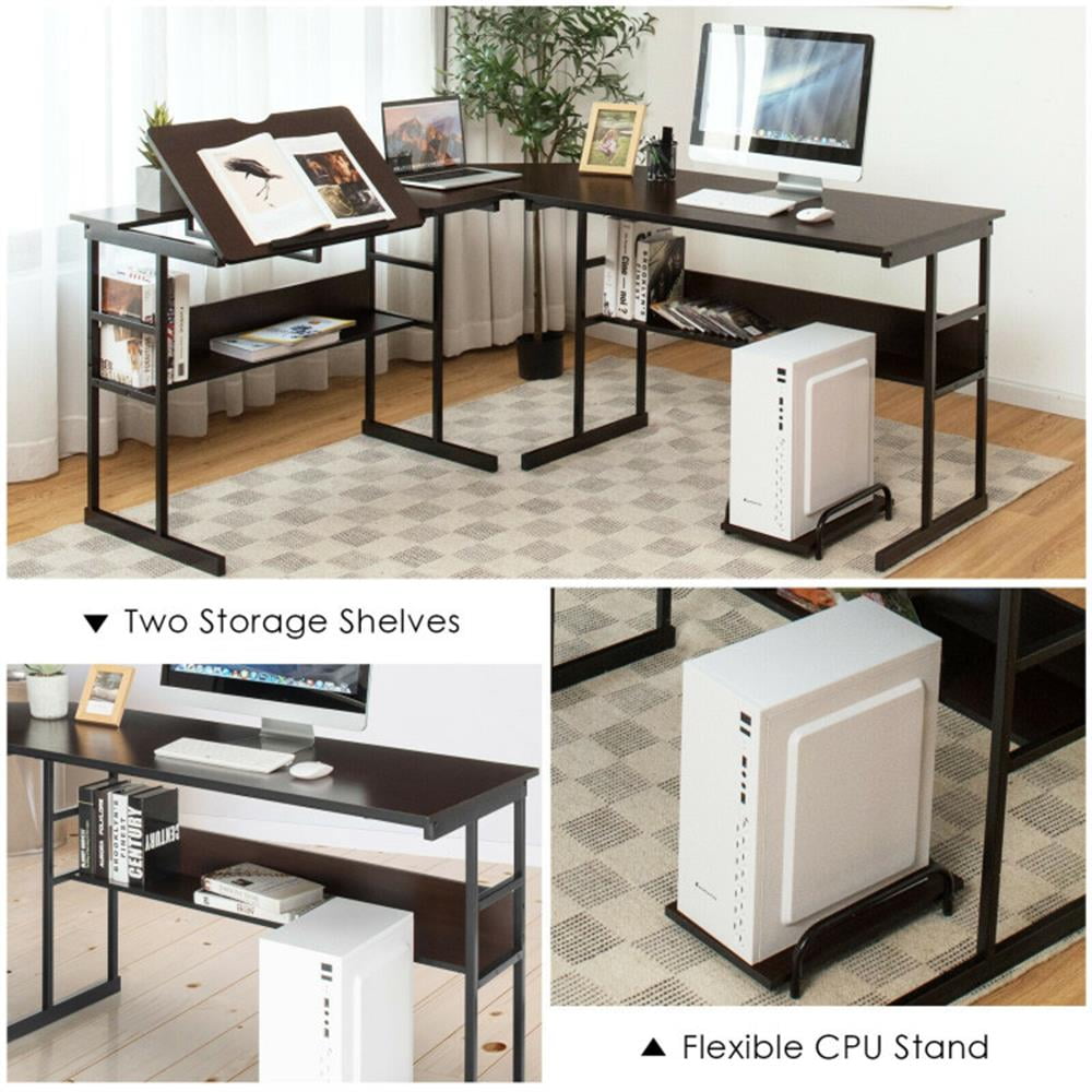 Demi Bonn L-Shaped Computer Desk with Tiltable Tabletop, Small Home Office Desk Study Writing Table, Brown