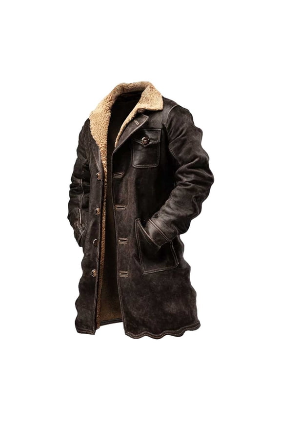 Western Jackets for Men Vintage Cowboy Long Suede Jacket Sherpa Lined Long Trench Coat Leather Plush Collar Coats 2026 Brown L