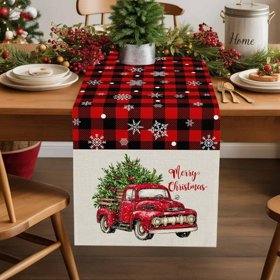 Merry Christmas Cotton Linen Table Runner Red Truck Winter Christmas Tree Plaid Dining Table Runners for Home Decor Party Dining Room Restaurant Kitchen Party 13" x 36"