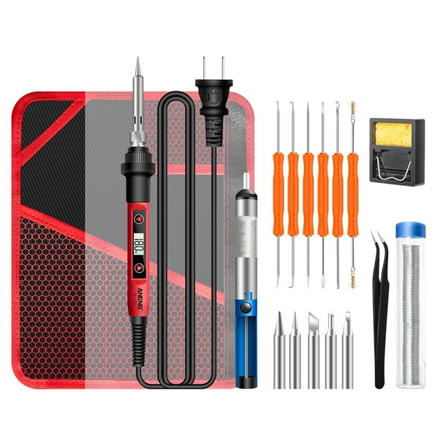 ANENG Ensemble de 17 Pcs de Fer à Souder Mini Fer à Souder Électrique avec Écran Numérique LCD Ensemble de Fer à Souder Intelligent 60W Température Réglable Outil de Soudage avec Pinces 5 Pcs Embouts de Soudure Fil de Soudure