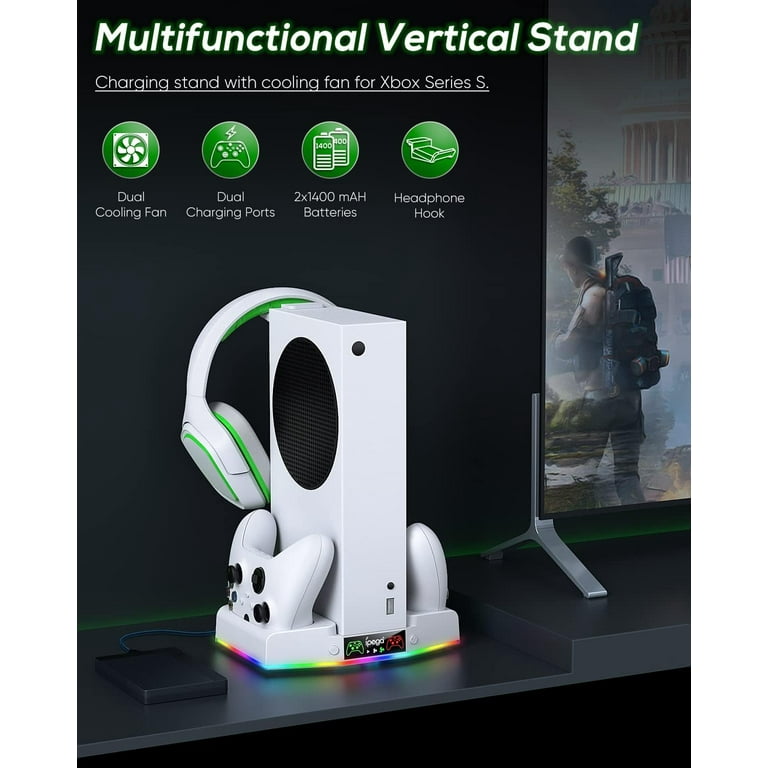 Charger Stand with Cooling Fan for Xbox Series S Console and  Controller,Vertical Dual Charging Dock Accessories with 2 x 1400mAh  Rechargeable Battery