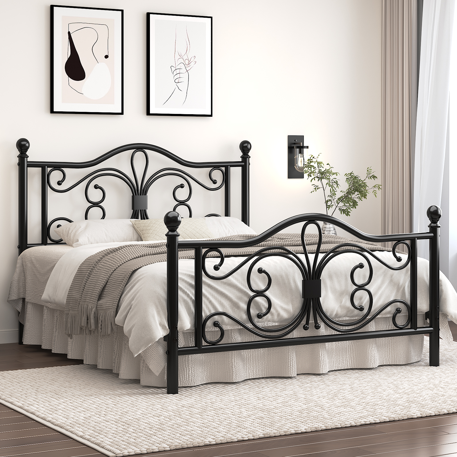 E-motie Metal Platform Bed Frame Queen Size with Butterfly Pattern Vintage Headboard & Footboard, Underbed Storage, Black