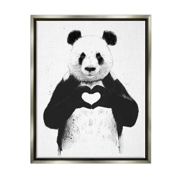 Stupell Industries Black and White Panda Bear Making a Heart Ink Illustration Luster Gray Framed Floating Canvas Wall Art, 24x30, by Balazs Solti