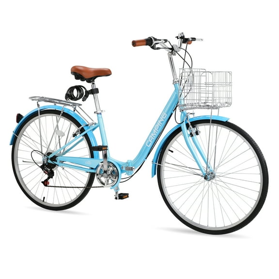 UBesGoo 26in 7 Speed Folding Women Bike, Beach Cruiser Bike with Locks, Dual V-Brake, Blue