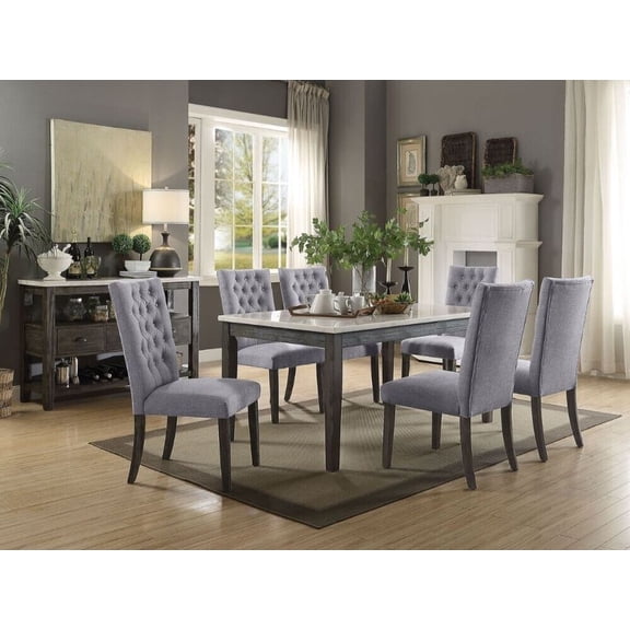 Contemporary Finish 7Pc Dining Set Marble Top Table Button-Tufted 6 Side Chairs Gray Oak Finish Wooden Furniture