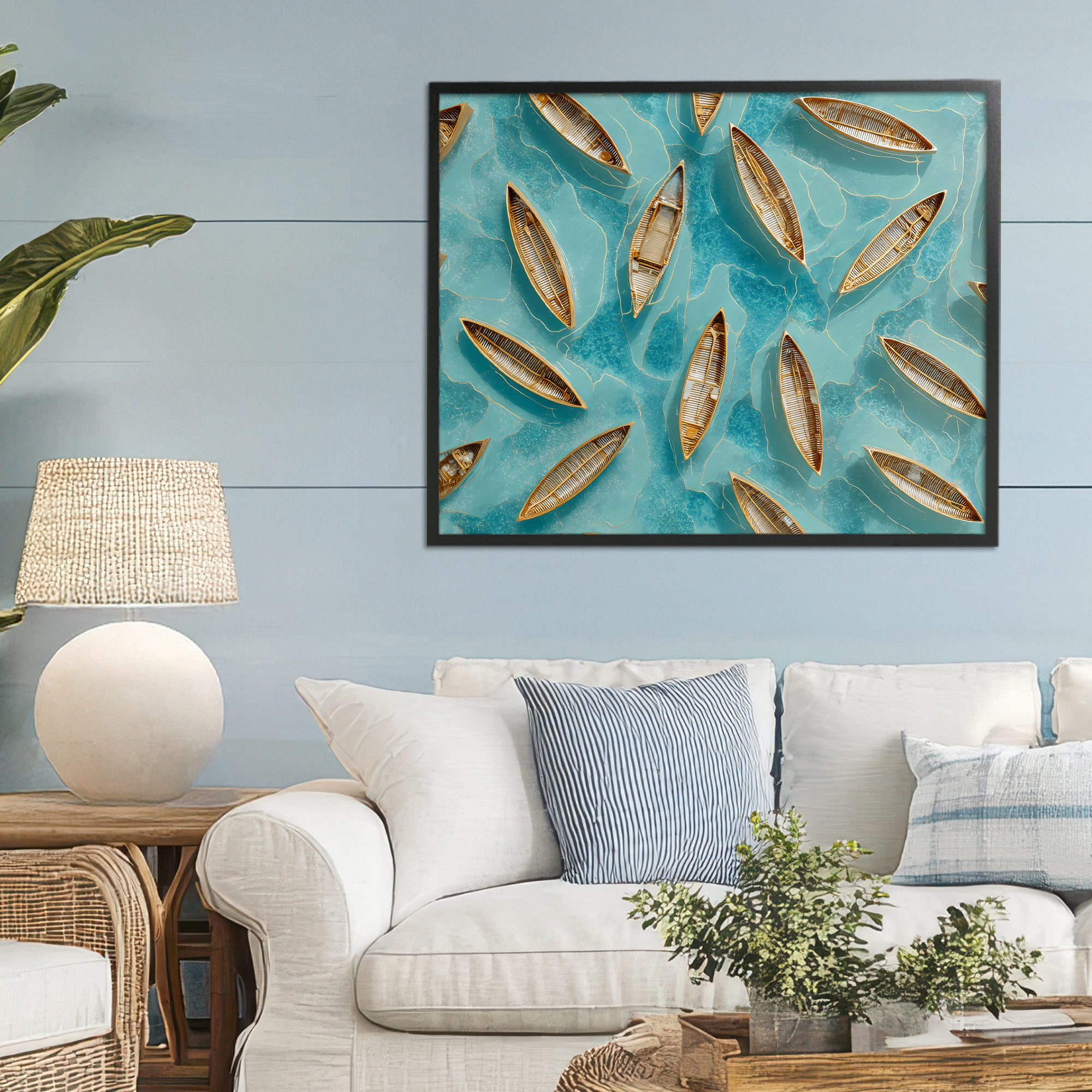 Harmonious Canoes on Water Black Framed Giclee Art, design by Franklyn Gregory