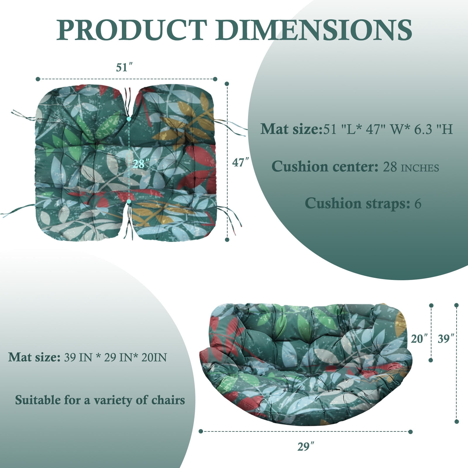 Egg Chair Cushion Replacement Waterproof – Outdoor Rocking Chair Cushions 6.3" Thick UV Resistant with 6 Straps for Patio, Balcony, Garden, Green Flower