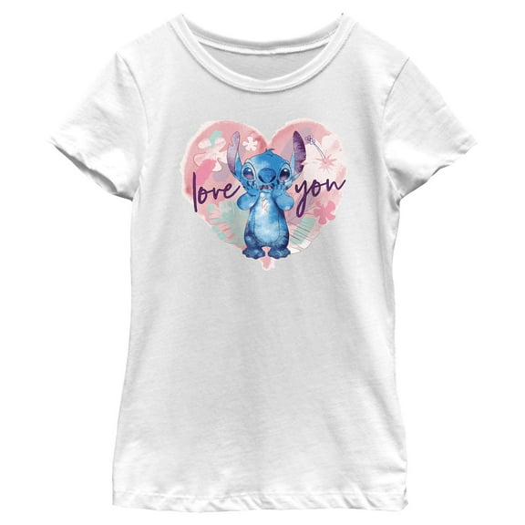 Girl's Lilo & Stitch Love you Watercolor  Graphic Tee White X Large