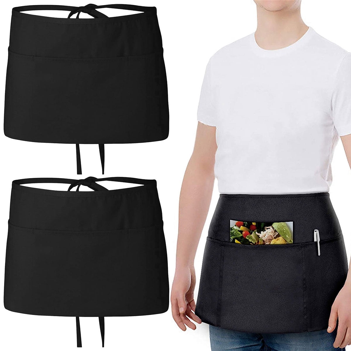 Black Server Aprons Waitress Waiter Half For Waist Apron With 3 Pockets 8 Pack 