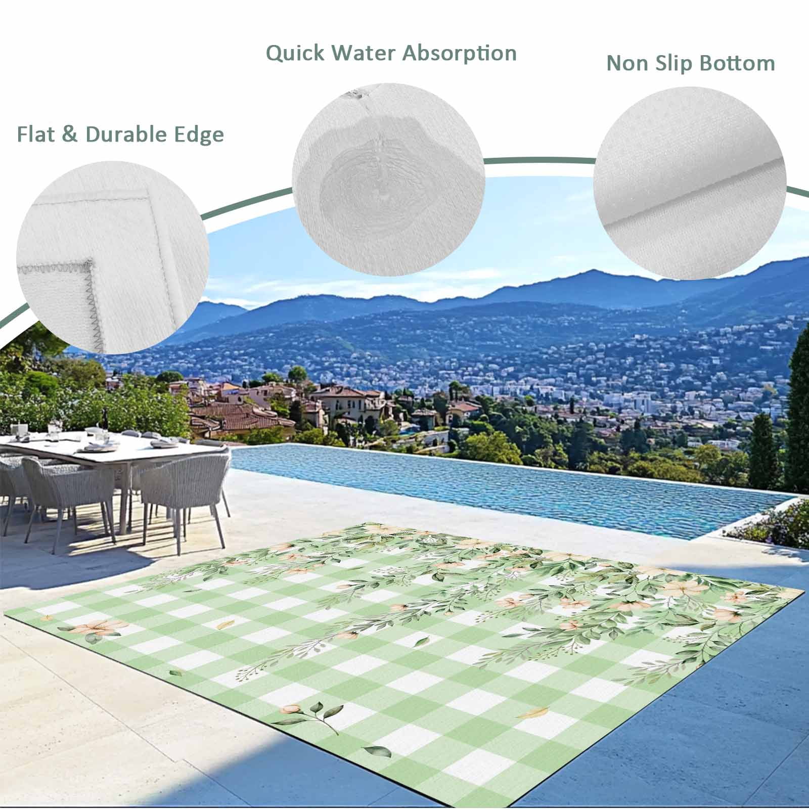 Watercolor Floral Outdoor Rug for Patio/Deck/Porch, Non-Slip Large Area Rug 5 x 7 Ft, Spring Flowers Leaves Botanical Green Plaid Indoor Outdoor Rugs Washable Area Rugs, Camping Rug Carpet Runner