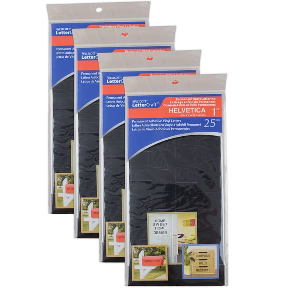 Westcott LetterCraft Permanent Vinyl Lettering, Helvetica, 1-Inch, Black, 177 Per Pack, 4 Packs