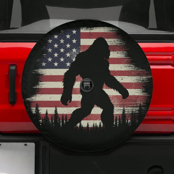 Lotusprinthandmade Bigfoot America Flag Patriotic Spare Tire Cover With Backup Camera Hole 6 Sizes (27 in.), us flag bigfoot spare tire cover