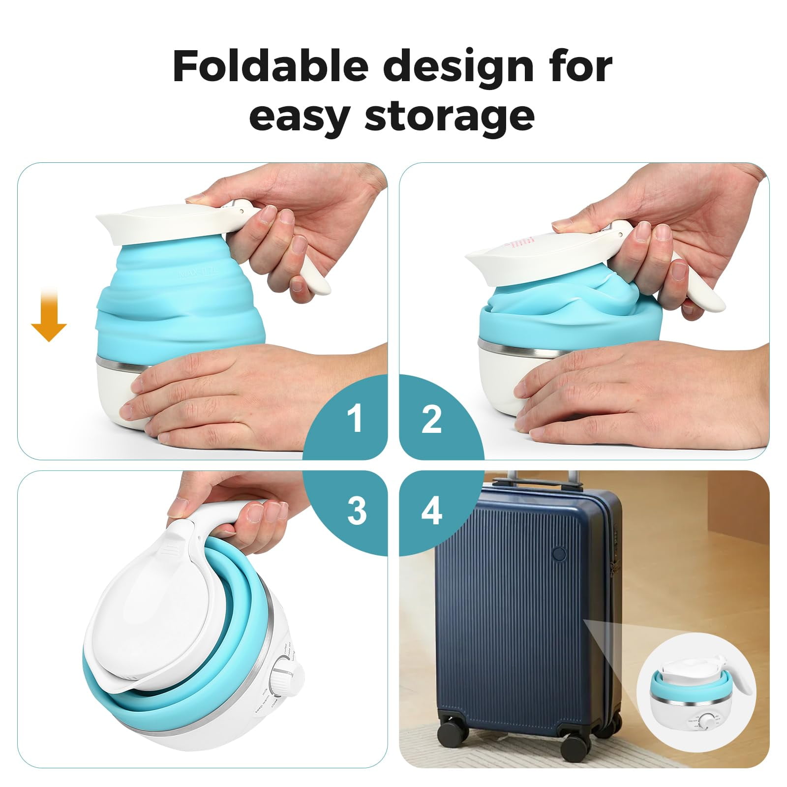 Travel Foldable Electric Kettle Portable Silicone Foldable Electric Kettles Collapsible Heating Water Boiler Silicone Kettle For Coffee Tea Fast Water Boiling Blue