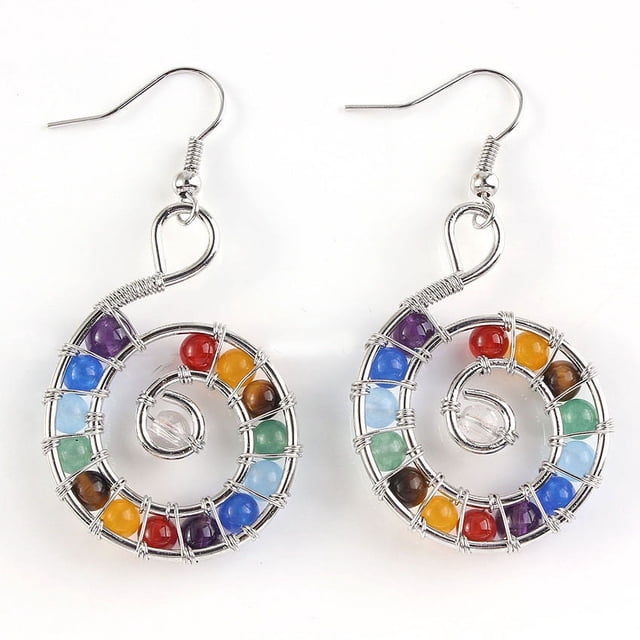 Nvzi Pendientes para hombre y mujer, pendientes de cuentas redondas de cristal natural de colores con ganchos de cuentas (plata)