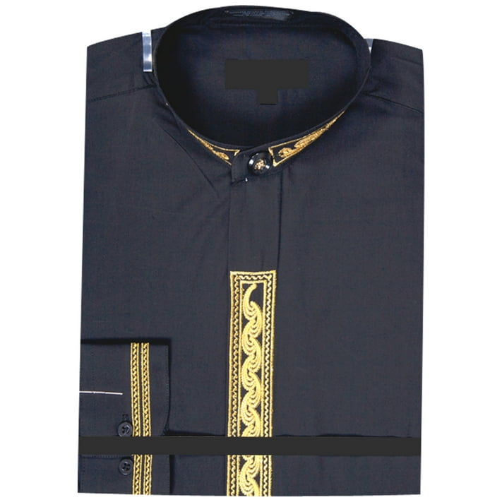 Men's Banded Collar Dress Shirt with Embroidery