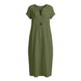 thumbnail image 7 of Women's Cotton Linen Midi Dress Casual Solid Short Sleeve V Neck Button Button Loose Summer Tshirt Dresses Beach Vacation Sundress, 7 of 7