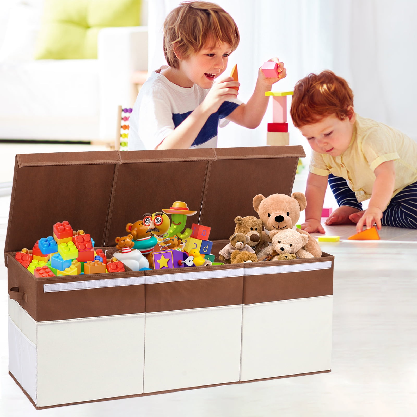 FIIOEOY Extra Large Collapsible Toy Storage Box with Lid, Divider & Mesh Pockets, 40”x14”x16”, White & Brown