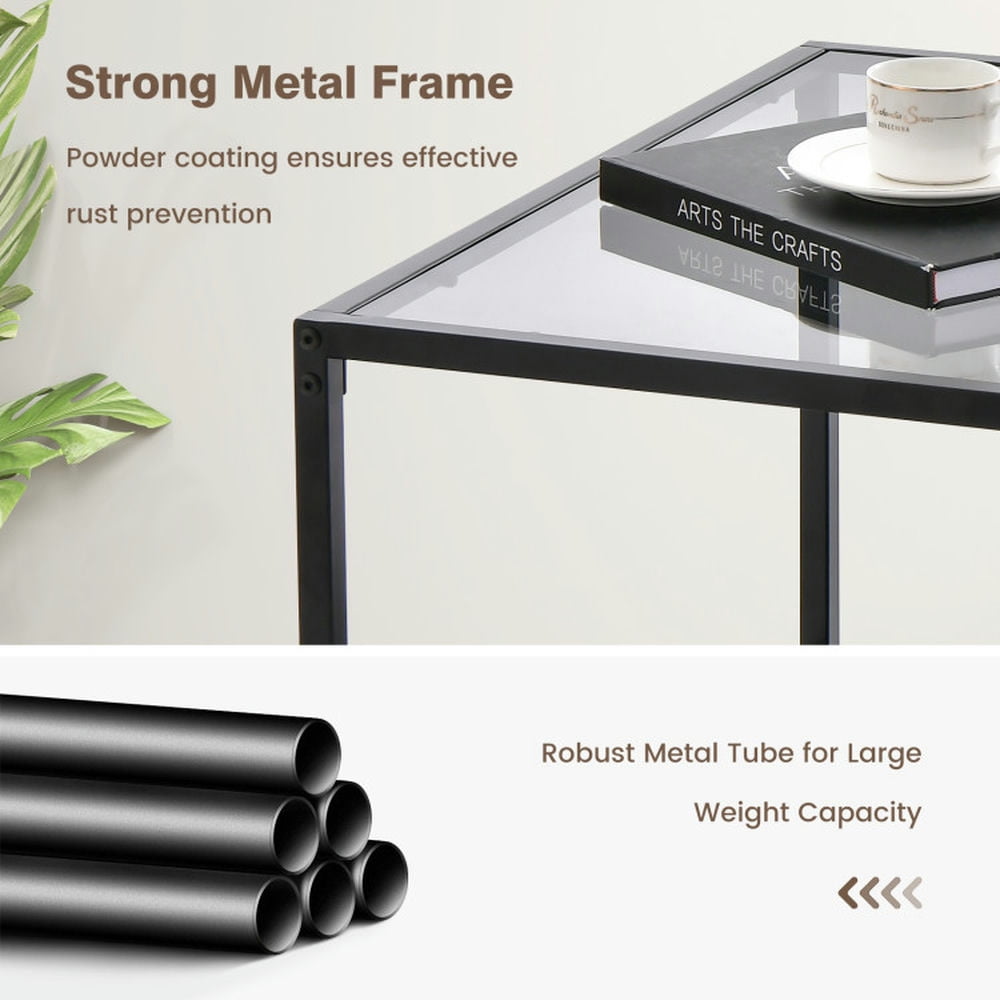Finihen Coffee Table, Glass Coffee Table, Modern 2-Tier Square Glass Coffee Table with Mesh Shelf, for Living Room, Reception Room, Gray Finihen Coffee Table, Glass Coffee Table, Modern 2-Tier Square Glass Coffee Table with Mesh Shelf, for Living Room, Reception Room, Gray