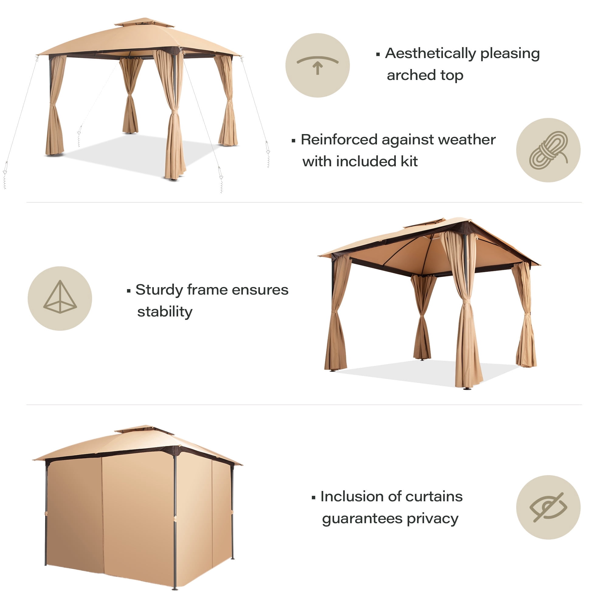 KAMEROUT 10'x10' Outdoor Gazebo with Privacy Screens & Expansion Bolts, Patio Double Roof Metal Frame Gazebo for Garden, Backyard, Khaki