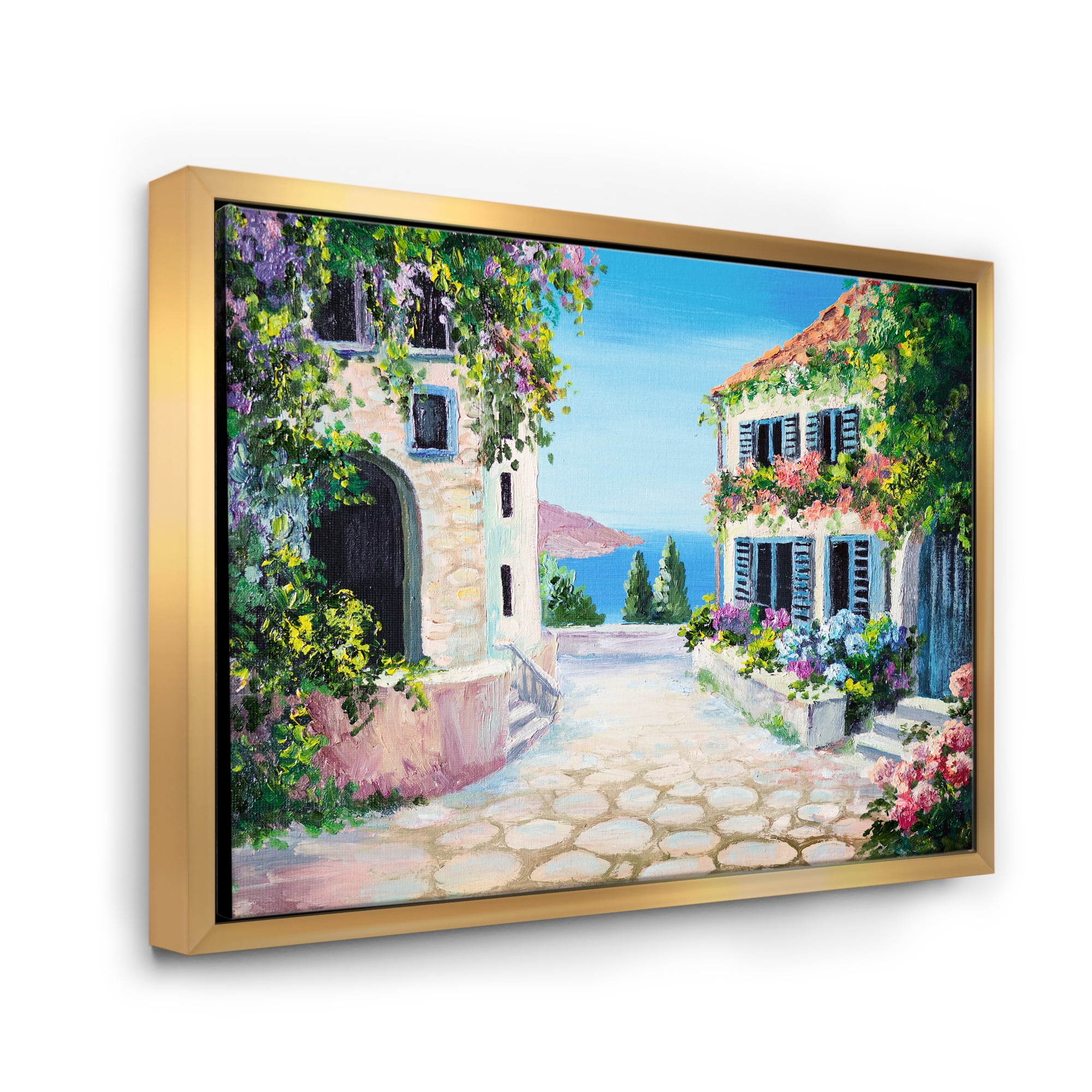 Blossoming Flowers With White Houses With Near The Sea 20 in x 12 in Framed Painting Canvas Art Print, by Designart