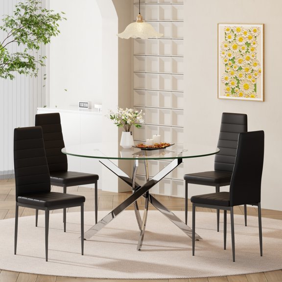 KATBOC 36/47in Round Tempered Glass Dining Table Set with 4 PCS PU Leather Chairs, Chrome Metal Legs for Small Space Kitchen Dining Room