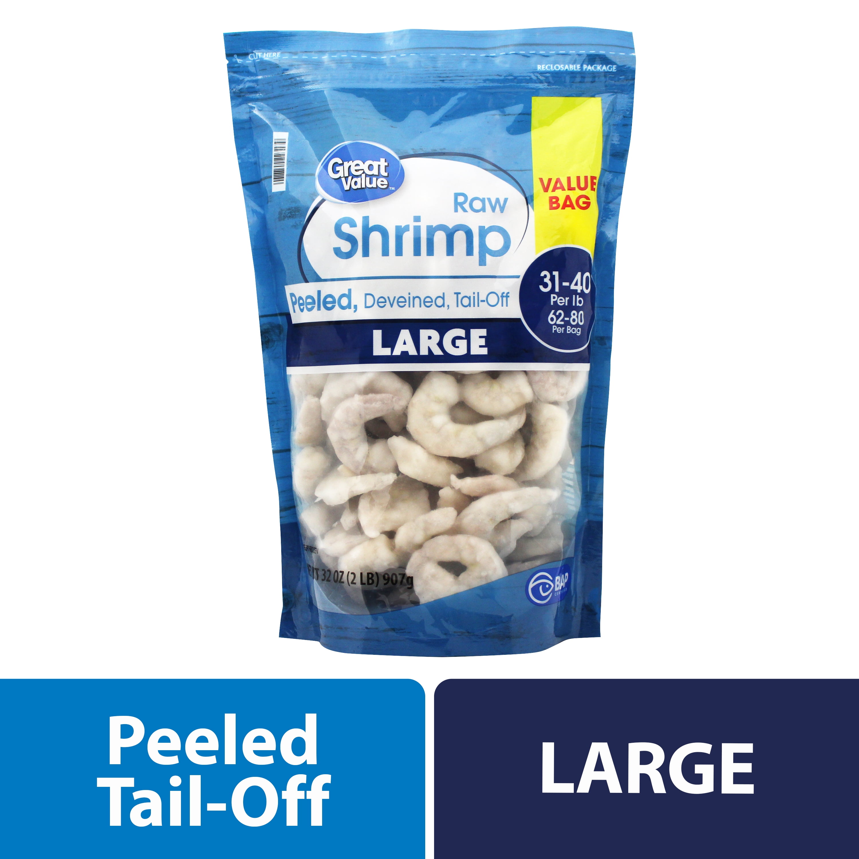 Great Value Frozen Raw Large Peeled & Deveined, Tail-off Shrimp, 2 lb (31-40 Count per lb)