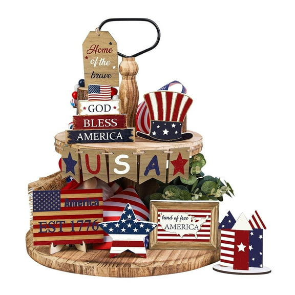 12Pc Patriotic 4Th Of July Layered Tray Wooden Sign Decor - Decorative For Independence Day Home & Party Themed Accents - Housewarming Gift For Friends Family Fourth Of July Event