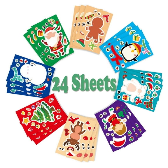 Christmas DIY Stickers Kids Christmas Party Games Sticker with Christmas Tree Santa Snowman Reindeer Elf for Kids Christmas Party Favors, 24 sheets