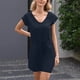 thumbnail image 4 of Vestido de Manga Corta para las Mujeres Cuello en V Dibujar Cuerda Elástica Cintura Bolsillo Suéter Poliéster, Vestido Casual de Color Sólido para Verano Primavera Diario, 4 of 9