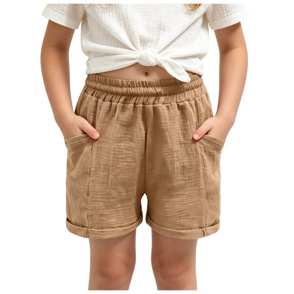 Linfrsh Girls Shorts Summer Ruffled High Waisted Drawstring Shorts Kids Casual Loose Clothes with Pockets(Khaki,7-8 Years)