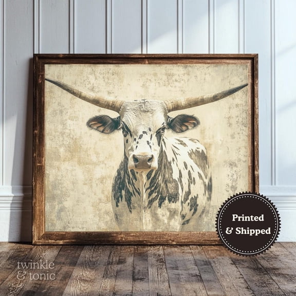 Vintage Bull Art Print Rustic Wall Decor Oversized Western Poster Antique Longhorn Country Scene UNFRAMED Poster, 8x12