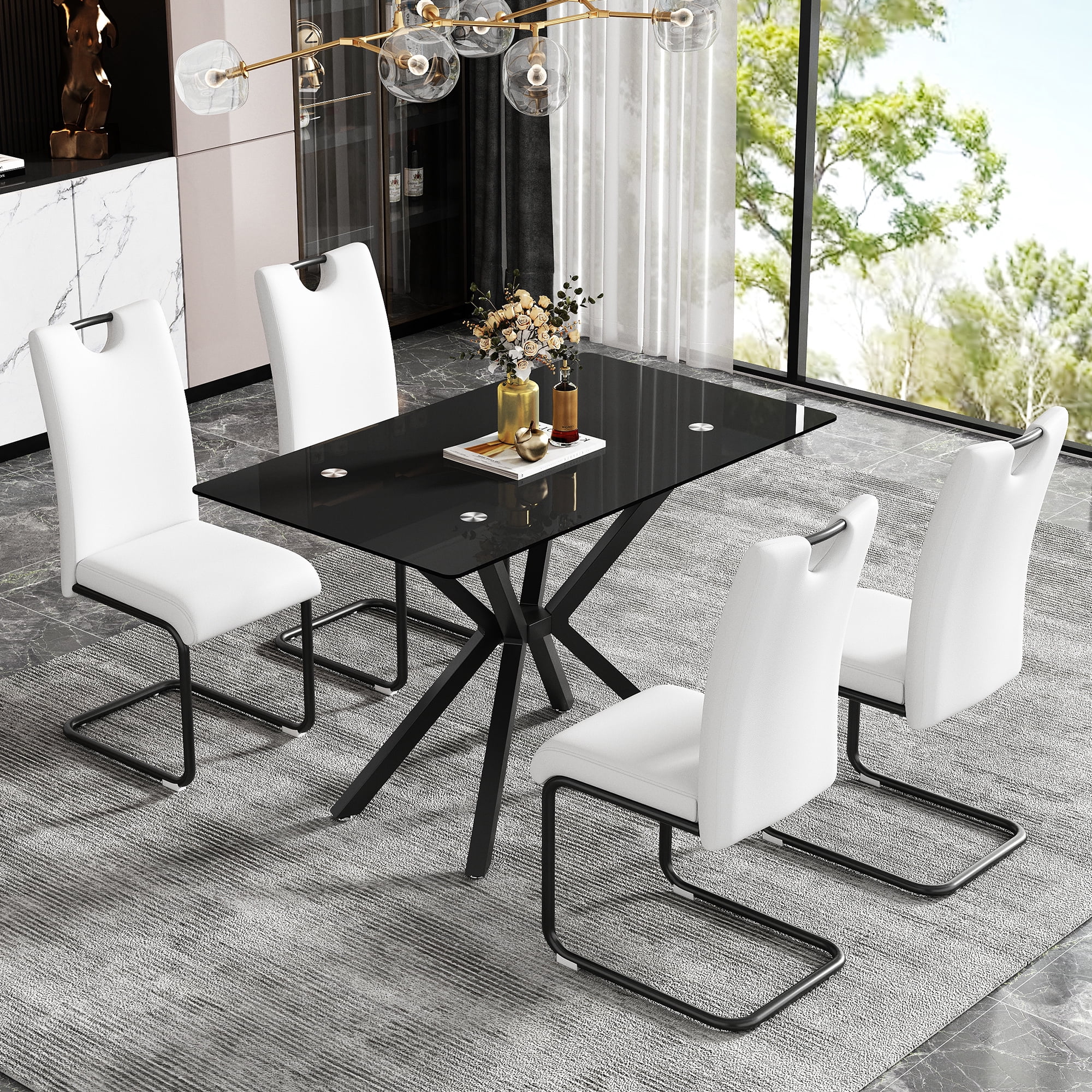 Miniyam 47" Modern Glass Dining Table for 4, Rectangular Tempered Glass Top with Metal Legs, Black