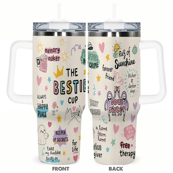 The Bestie Cup Friendship 40oz Insulated Tumbler Cute Best Friend Gift Partner in Crime Soul Sister Design Travel Cup with Handle Straw Lid
