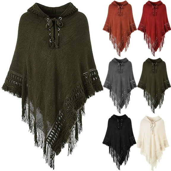 APEXFWDT Women's Knitted Poncho Sweater Shawl Wrap Hooded Cape Fringe Casual Loose Lace-up Pullover Top for Indoor and Outdoor
