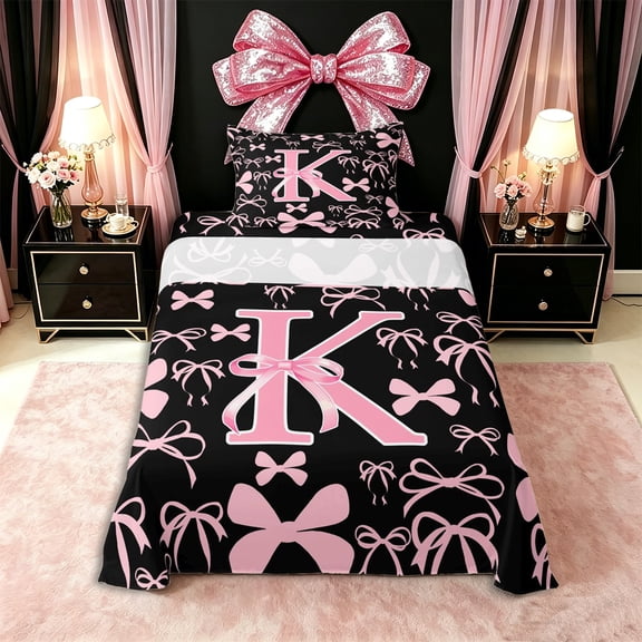 Erosebridal Ribbon Bow Knot K Personalized Initial Twin Sheet Sets 3pcs,Black Pink Bow Tie Bedding,Lightweight Room Decor