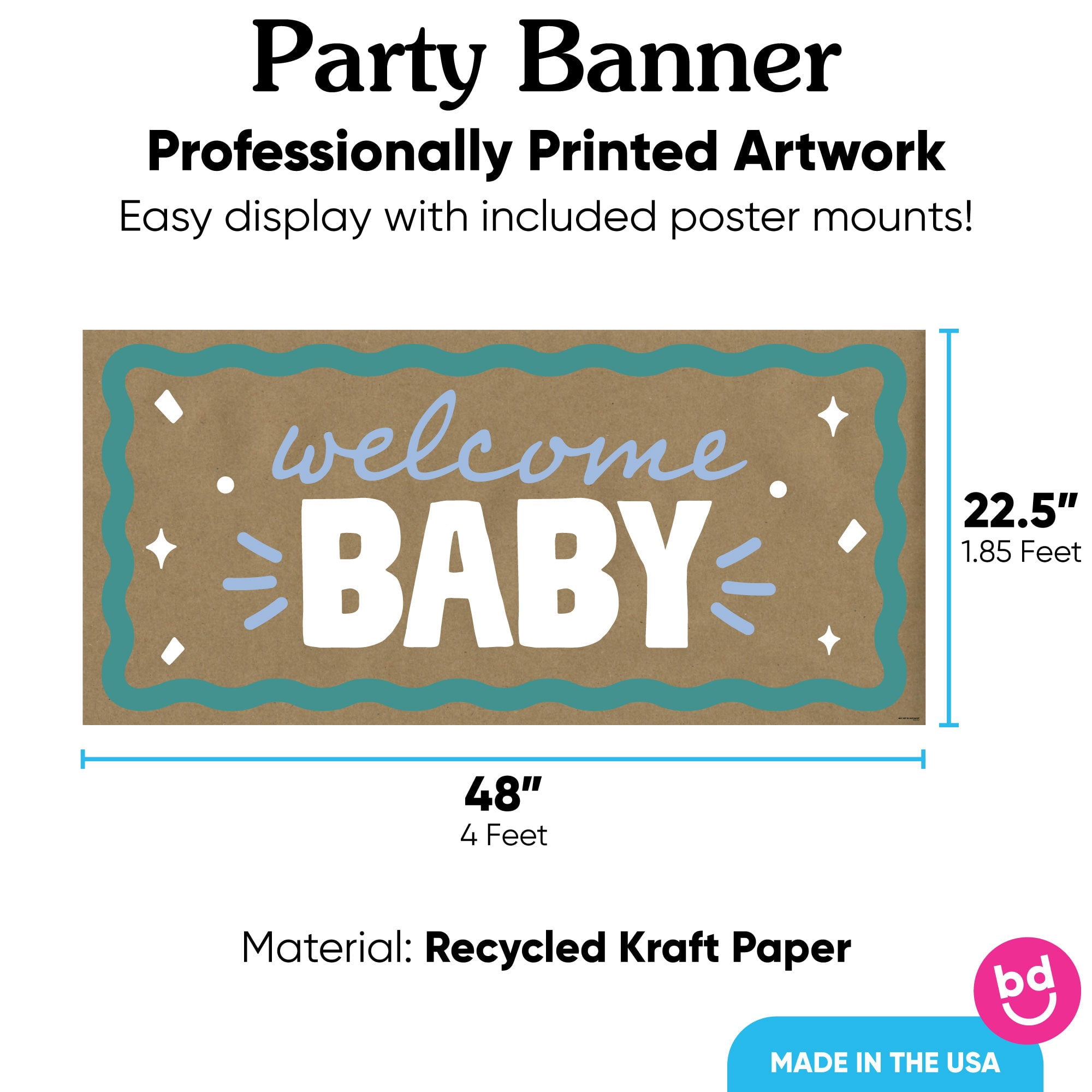 Big Dot of Happiness Blue and Teal Wavy Welcome Baby Kraft Paper Banner, Retro Baby Shower Banner Backdrop, Printed Brown Paper Party Sign Decoration – 1 Count