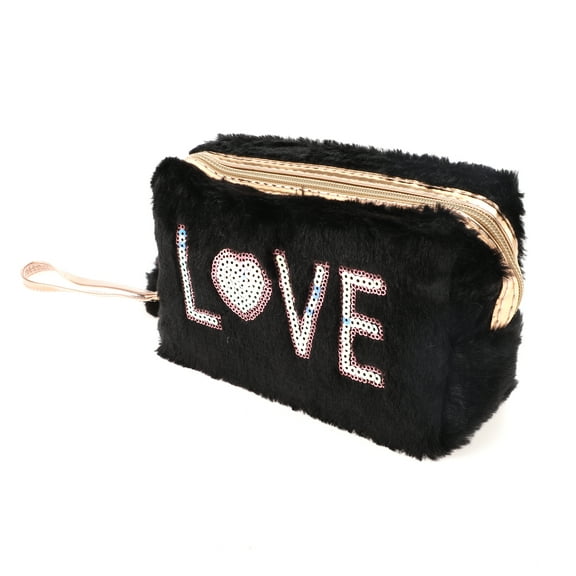 1 Pc Women Portable Sequin Heart LOVE Makeup Bag for Travel Vacation Black Plush