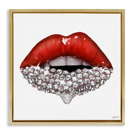 Stupell Industries Red Glam Lips with Gemstones Beauty & Fashion Painting Gold Floater Framed Canvas Art Print Wall Art  18 x 18