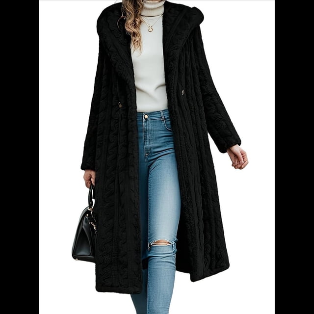 Chaqueta Informal con Capucha y Cuello en V de Larga y Forro Cálido para Mujer, Abrigos de Otoño e Invierno. Negro XL
