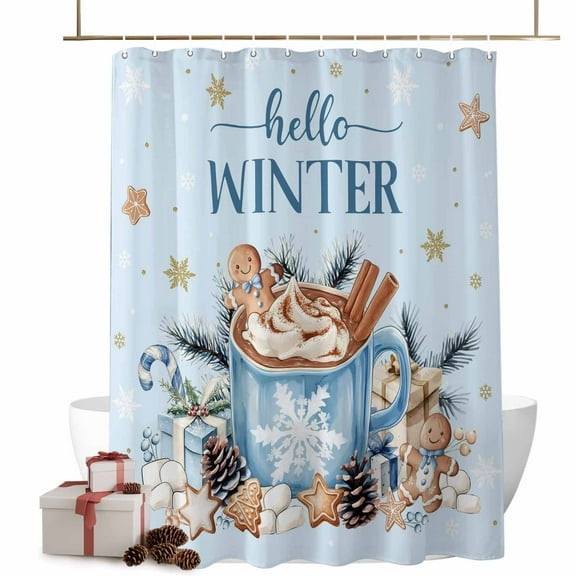 Christmas Shower Curtain Gingerbread Man Bathroom Curtains with Hooks, Waterproof Fabric Hot Cocoa Cookie Blue Hello Winter Bath Shower Curtains Set for Bathroom Bathtubs Xmas Decor 72x72 Inch